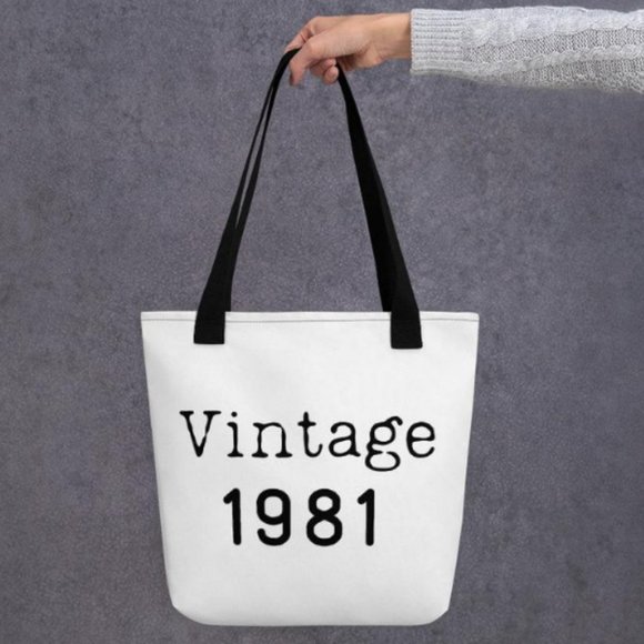 NEW Vintage 1981 Tote 41st Birthday Shoulder Bag White Black Book Bag Weekender - Picture 1 of 3